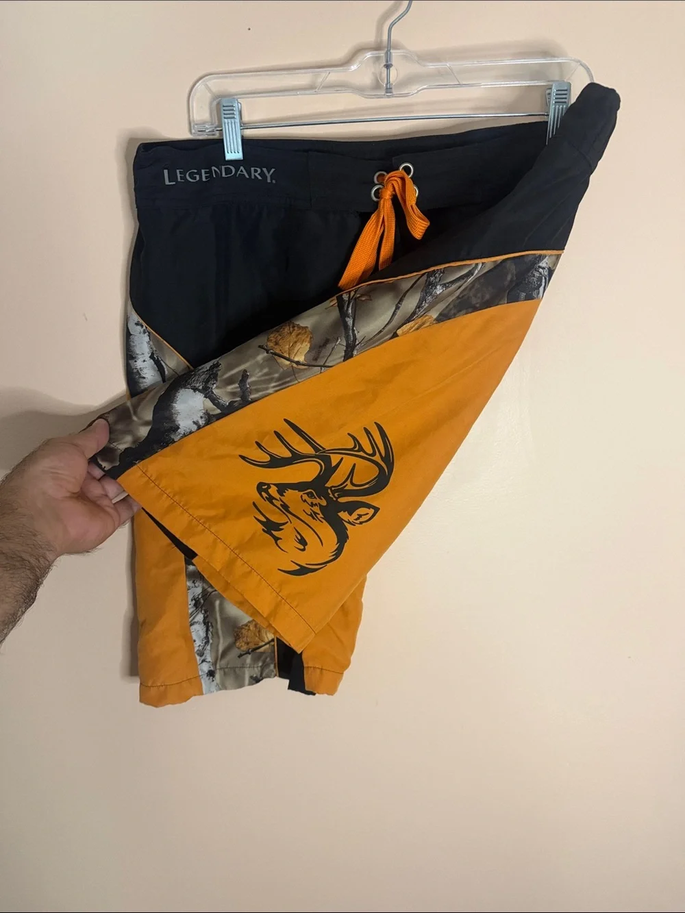 Legendary Whitetails Black & Orange Men’s Swim Trunks with Camo Panels